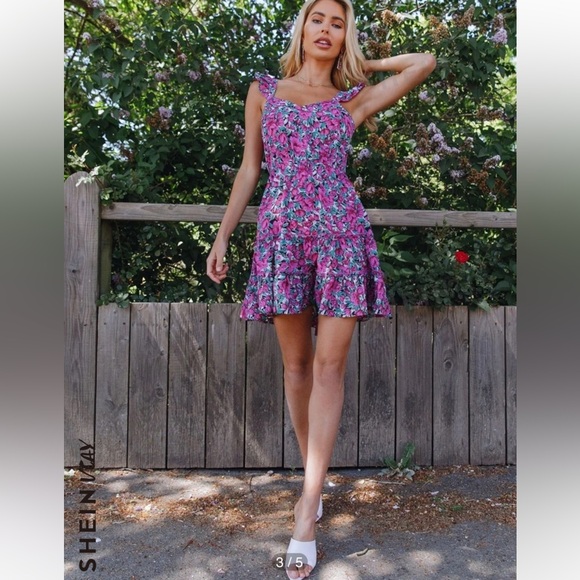 SHEIN VCAY Purple & Blue Floral Print Ruffled Self-Tie Cut Out Mini Dress - Picture 3 of 12